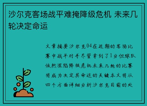 沙尔克客场战平难掩降级危机 未来几轮决定命运