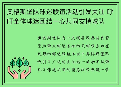 奥格斯堡队球迷联谊活动引发关注 呼吁全体球迷团结一心共同支持球队