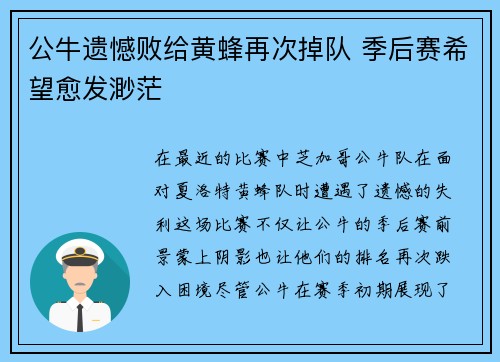公牛遗憾败给黄蜂再次掉队 季后赛希望愈发渺茫