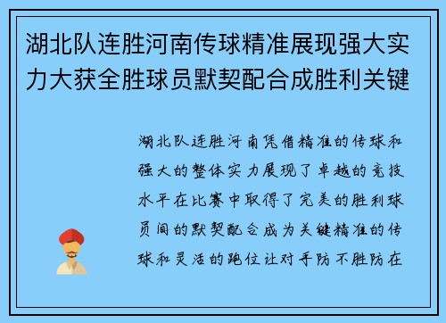 湖北队连胜河南传球精准展现强大实力大获全胜球员默契配合成胜利关键