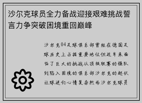 沙尔克球员全力备战迎接艰难挑战誓言力争突破困境重回巅峰