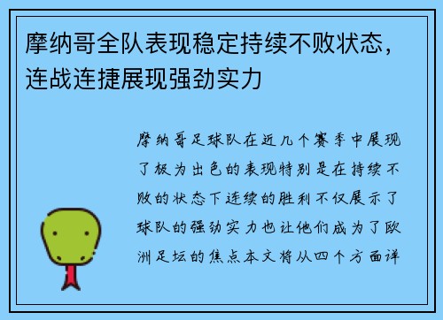 摩纳哥全队表现稳定持续不败状态，连战连捷展现强劲实力
