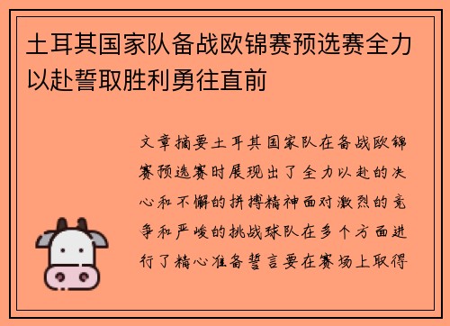 土耳其国家队备战欧锦赛预选赛全力以赴誓取胜利勇往直前