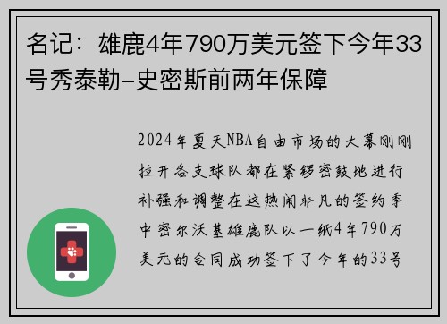 名记：雄鹿4年790万美元签下今年33号秀泰勒-史密斯前两年保障