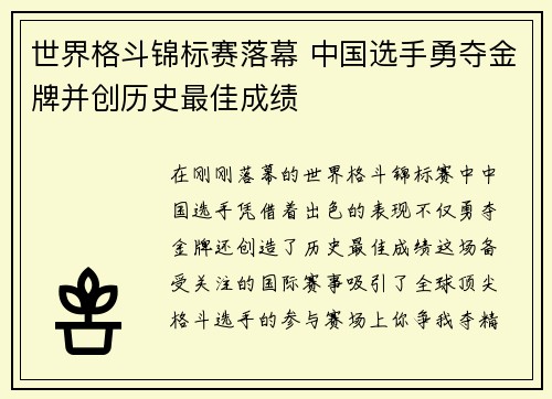 世界格斗锦标赛落幕 中国选手勇夺金牌并创历史最佳成绩