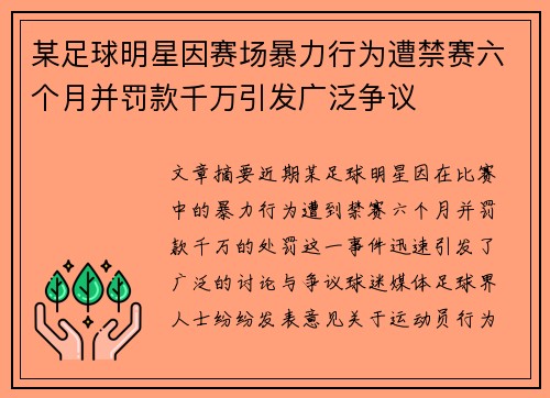某足球明星因赛场暴力行为遭禁赛六个月并罚款千万引发广泛争议