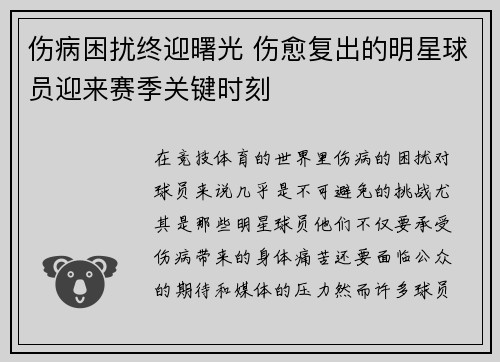 伤病困扰终迎曙光 伤愈复出的明星球员迎来赛季关键时刻